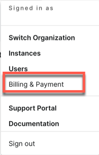 image of the settings menu with billing and payment highlighted