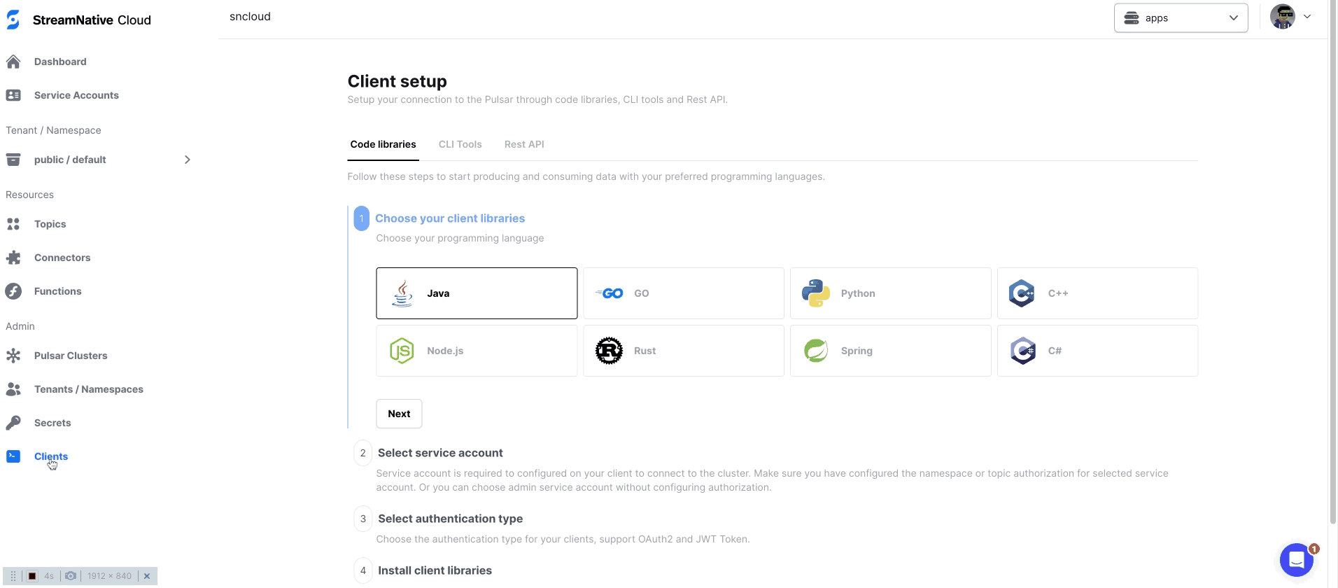 gif of client setup process through wizard