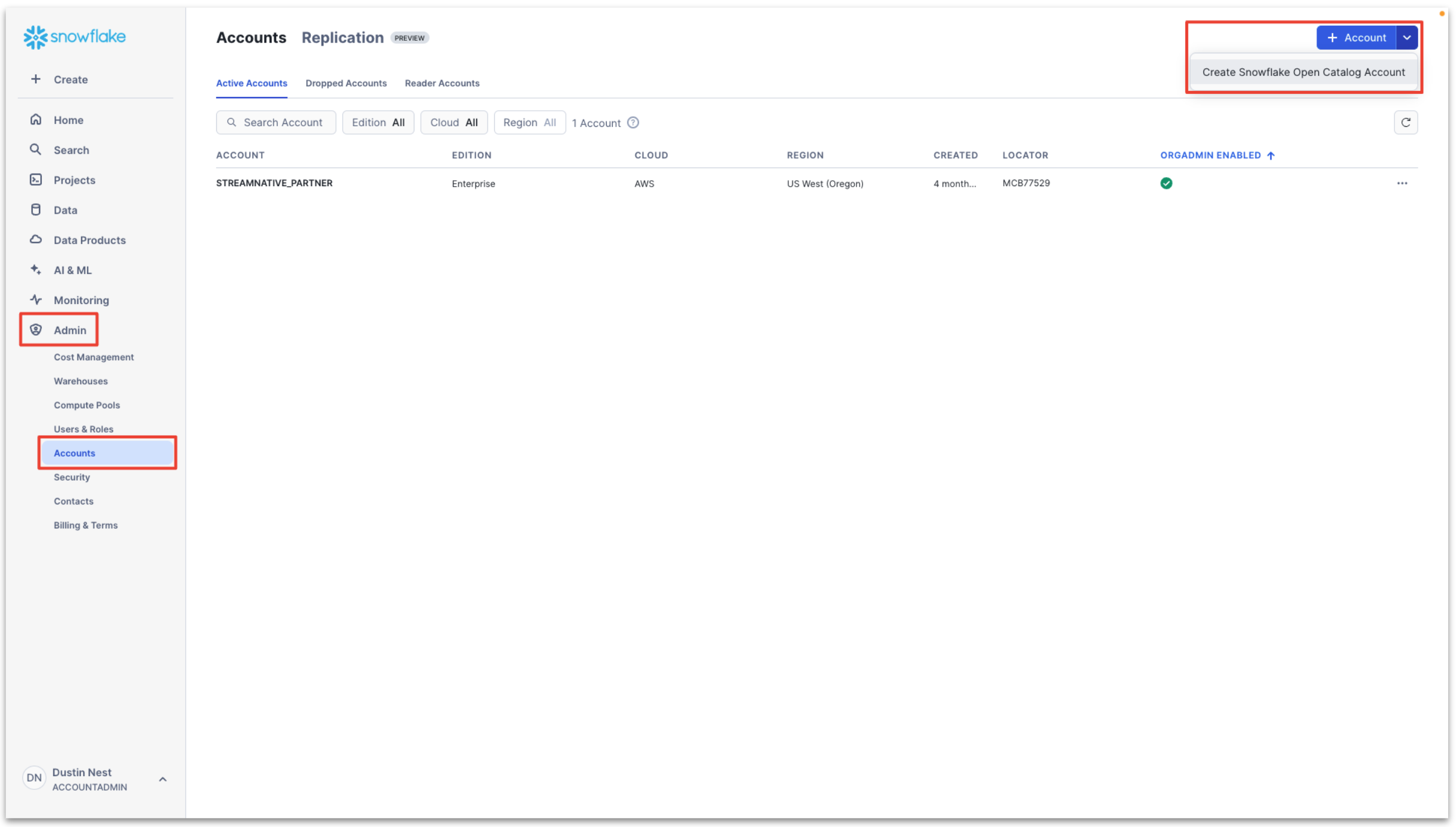 Create Snowflake Open Catalog Account