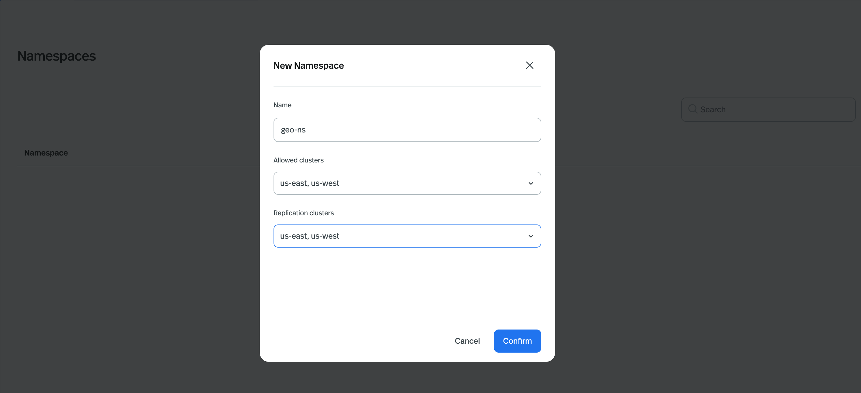 Namespace replication page