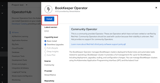 screenshot of installing BookKeeper Operator in OpenShift Web Console