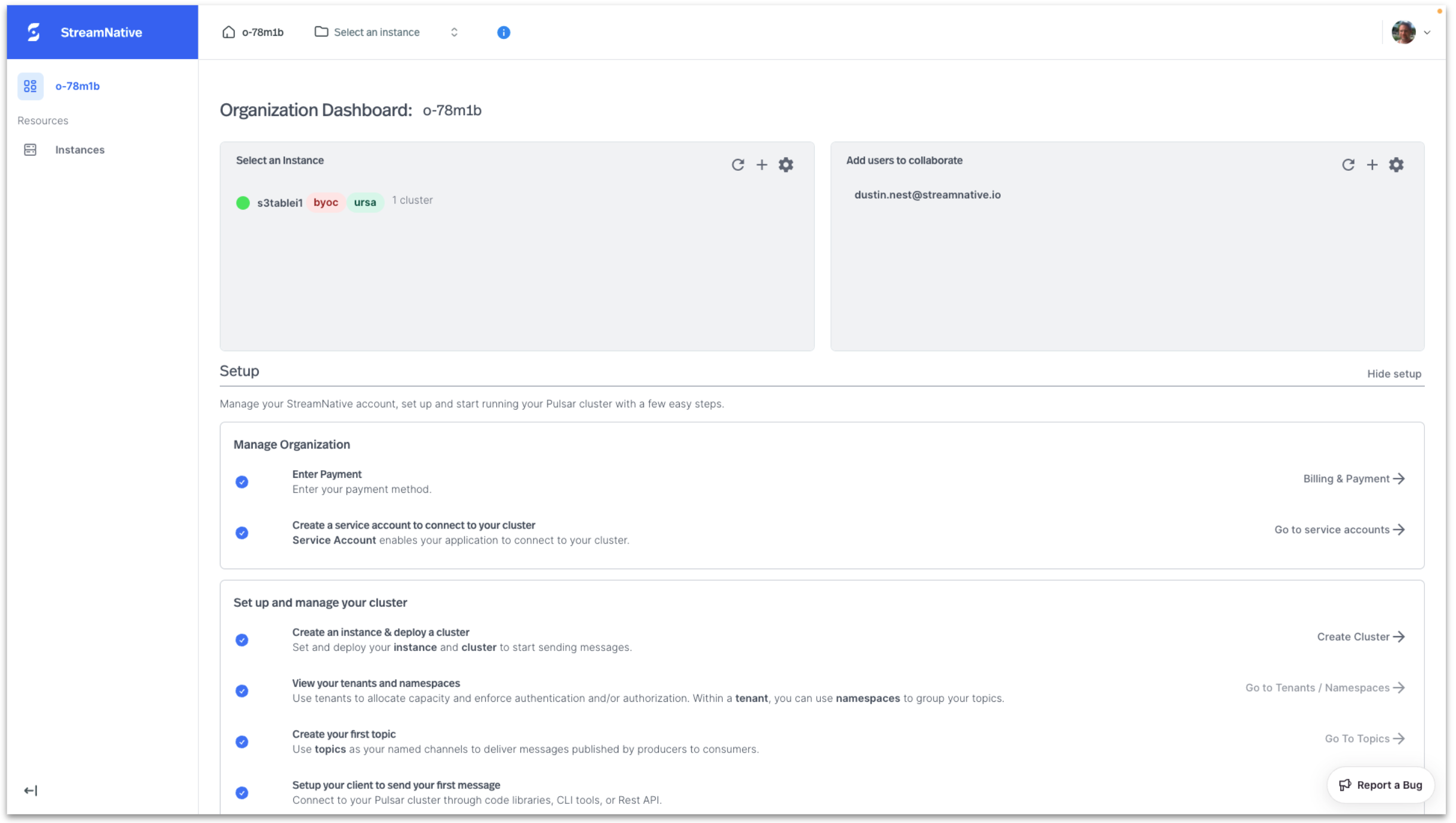 Org dashboard with cluster created