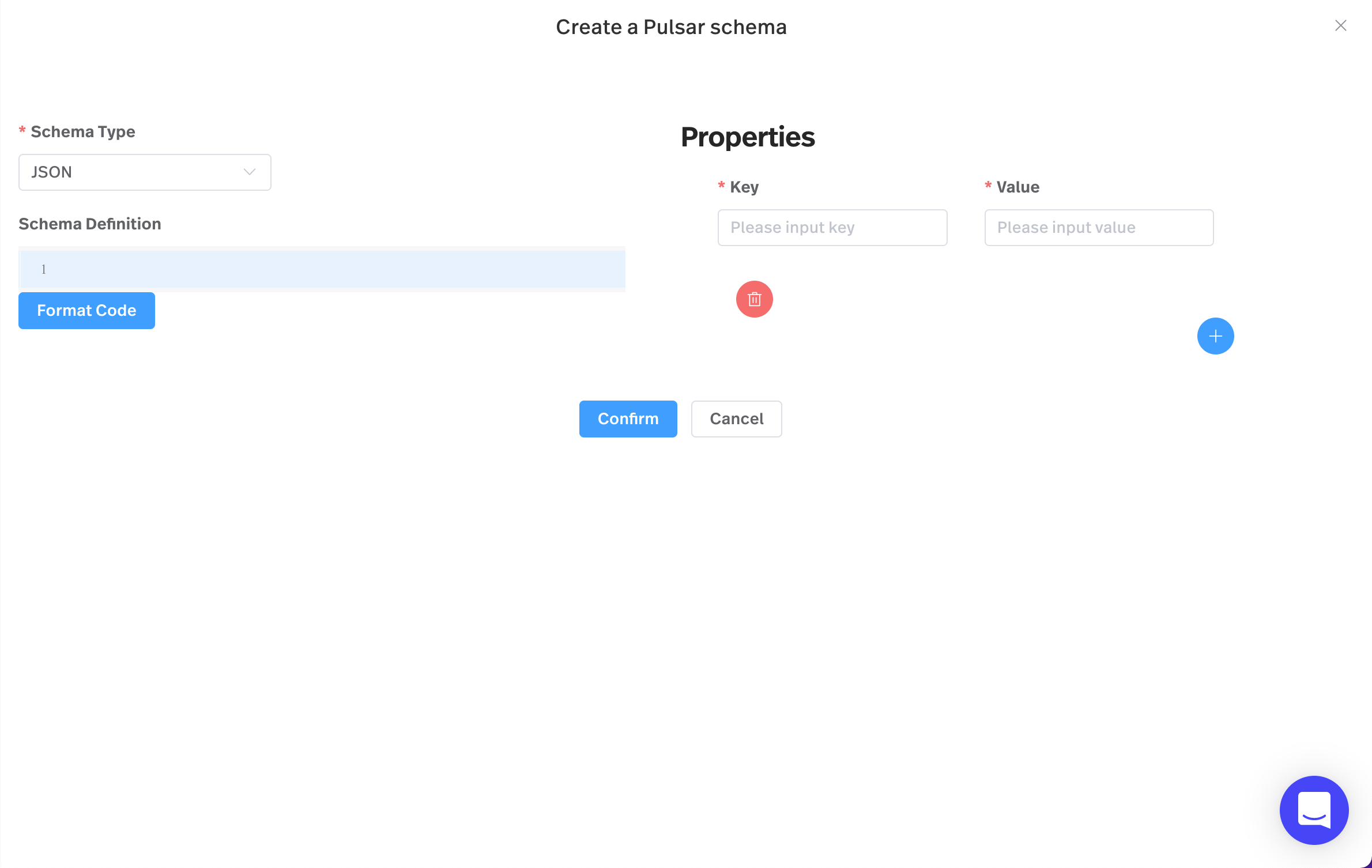 screenshot of the create schema page